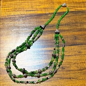 Triple Strand Green Beaded Necklace with Silver Accents